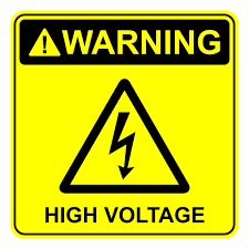 Yellow sign with text: Warning High Voltage